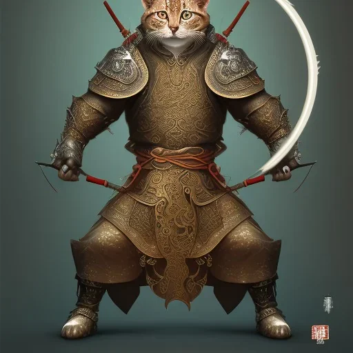 Character design, anthropomorphic cat dressed as a Shaolin, dark, evil, furious, epic, intricate details, finaly detailed armor, silver, golden