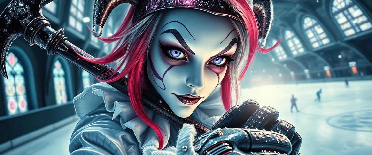 close up portrait of shiny ice dark grim reaper babe with lavender eyes and red and silver hair, and with magical aura hockey staff, pin hole cam, master oil painting by Rembrandt, d&d glam rock and flufy glitter harlequin bunny playing hockey in ice skating hall or church, in the style of giger and escher, sci fi with floating little saucers
