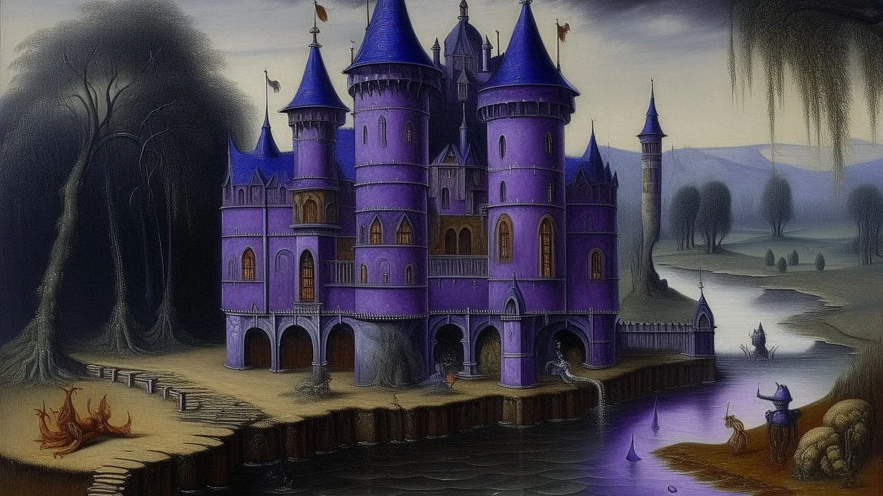 A violet mad doctor's chateau with a toxic moat painted by Lucas van Leyden