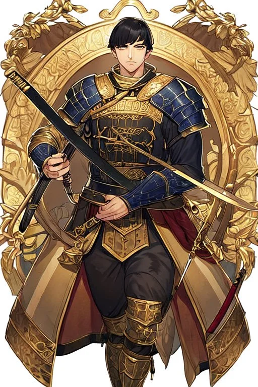 A handsome 30 year old knight, black hair, male bob haircut, in black-and-gold plate armor, golden katana in both hands, no beard, european