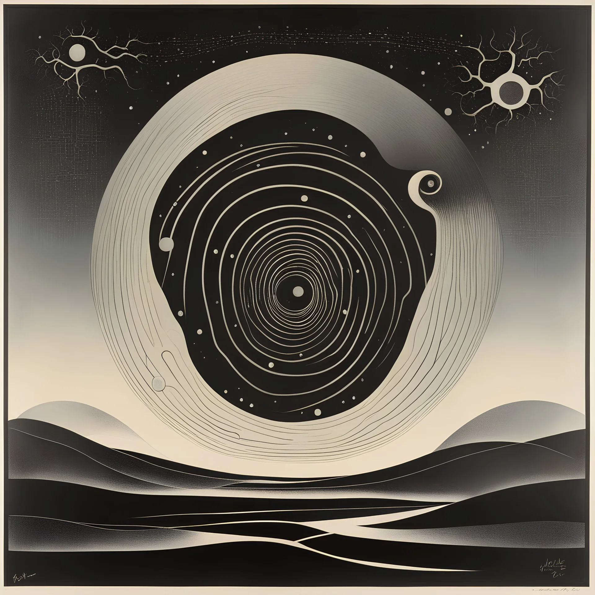 Braille art, abstract surrealism, by kay Sage and Colin McCahon, silkscreened mind-bending illustration; album cover art, asymmetric, Braille language glyphs, dark shines, abstract surrealism, by Tracy Adams