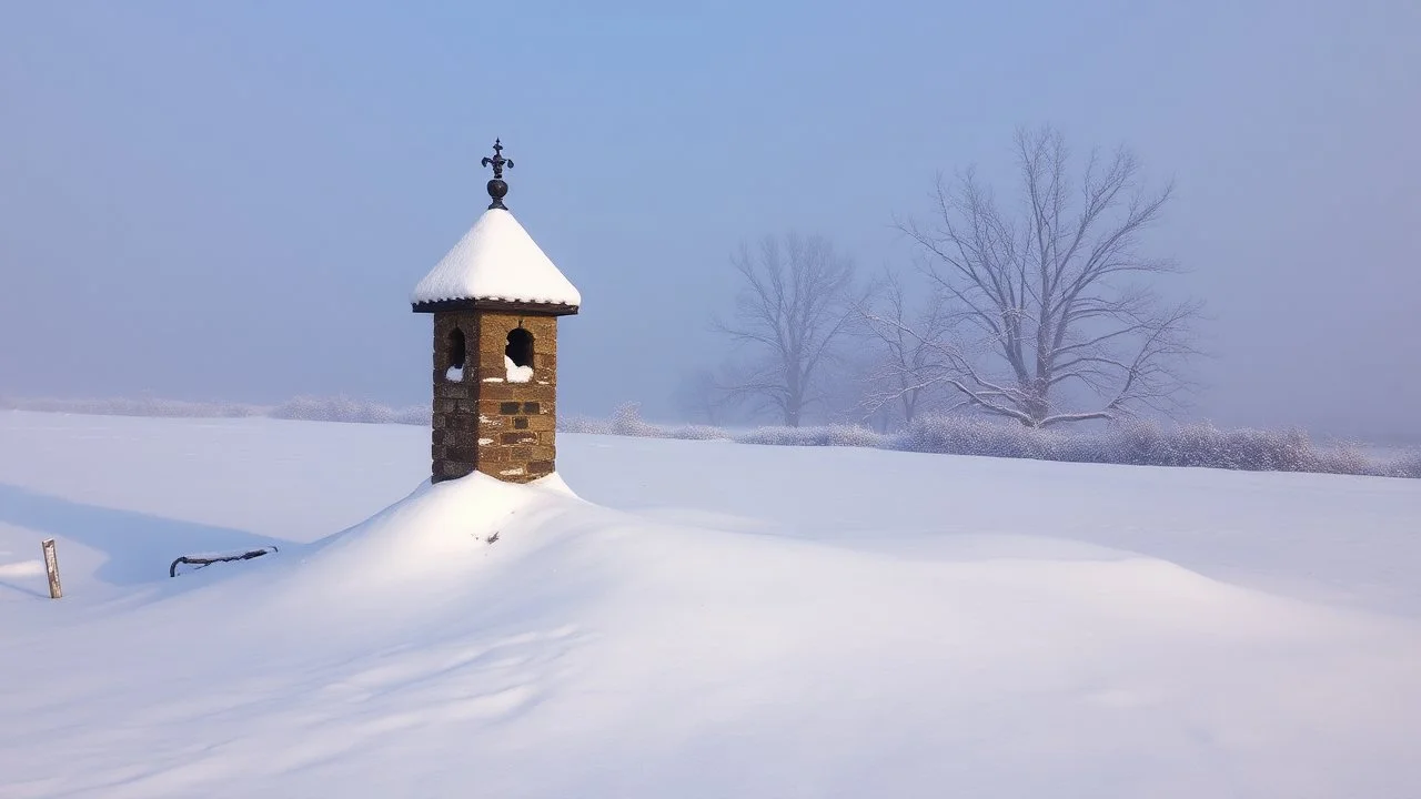 The bells ring over the old dovecote in the stillness of a snowy winter afternoon, the dovecote covered in a thick blanket of snow, the air heavy with silence.