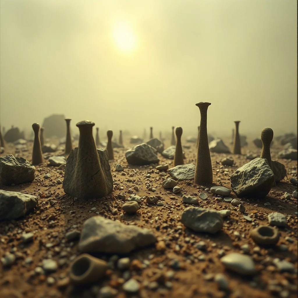 A striking quality close-up Ilford photograph captures a wasteland with odd stones, odd spindle-shaped objects, spooky, creepy, details of the dust very accentuated, glossy, organic, adorned with minerals and rocks, fog. Bathed in feeble light, eerie, Max Ernst style, black sun, fog, volumetric light, octane render