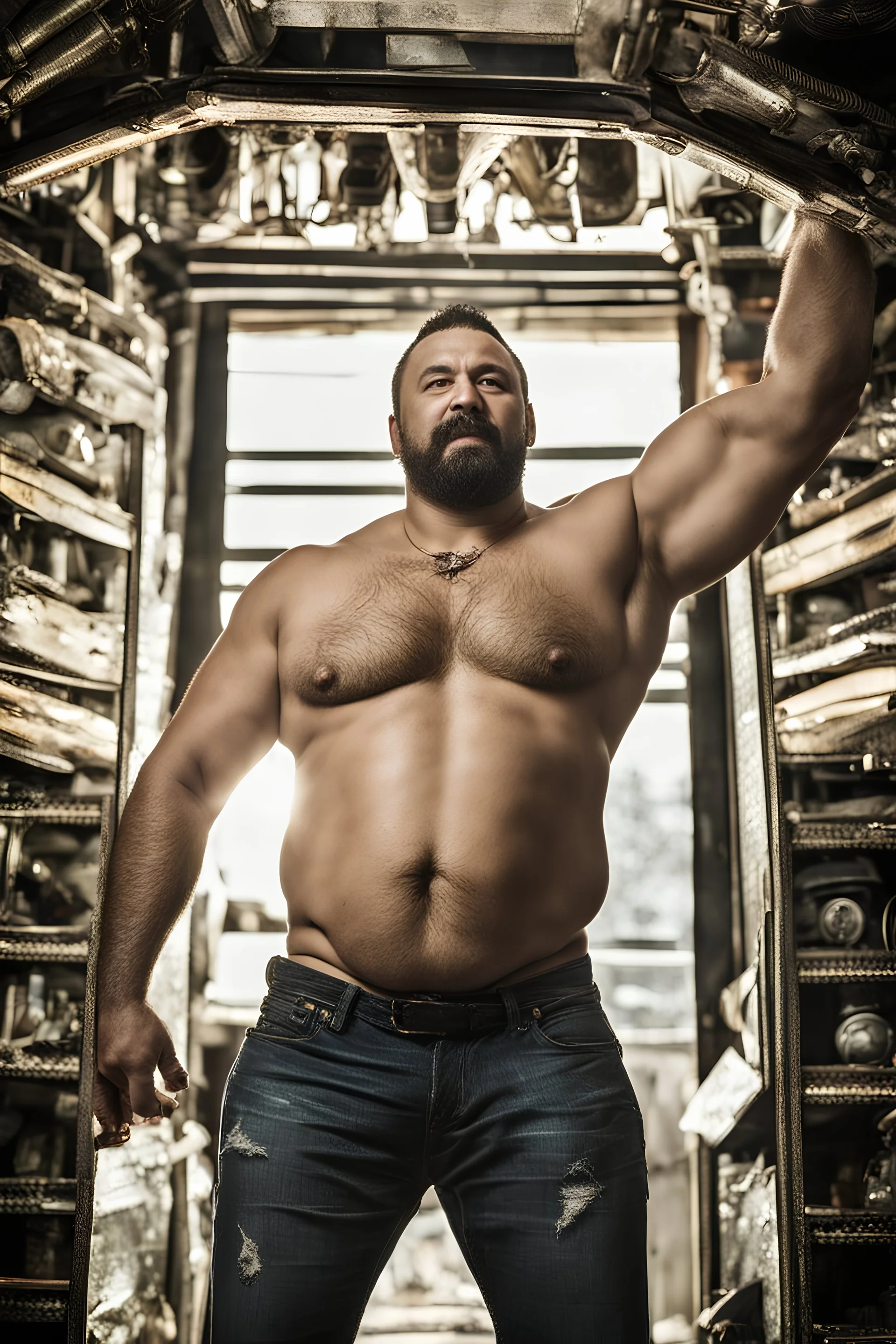 full figure photography of a burly trucker muscular chubby strong 36-year-old turkish in a discoteque, serious, shirtless, short beard, dancing rock shirtless, bulge, manly chest, big shoulder, tribal tattoo, very hairy, side light, view from the ground