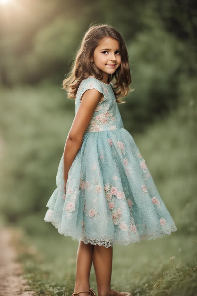 Little 8 years old girl wearing a pretty dress, standing pose