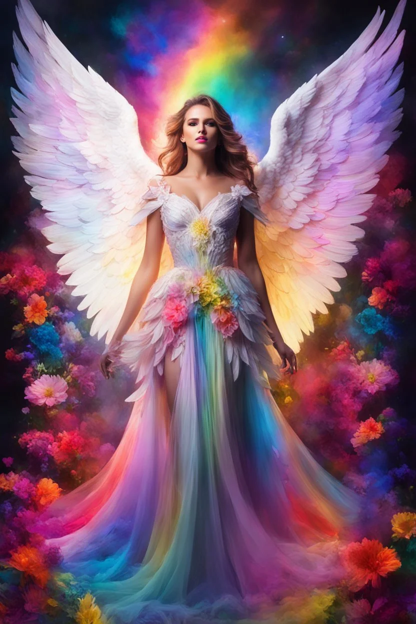 Gorgeous Photography Beautiful Woman as Angel with clothing abstracts flowers luxury gown dressing painting art neons rainbow colors glowing in the dark and colorful details, light leaks boleh colors,flowers background