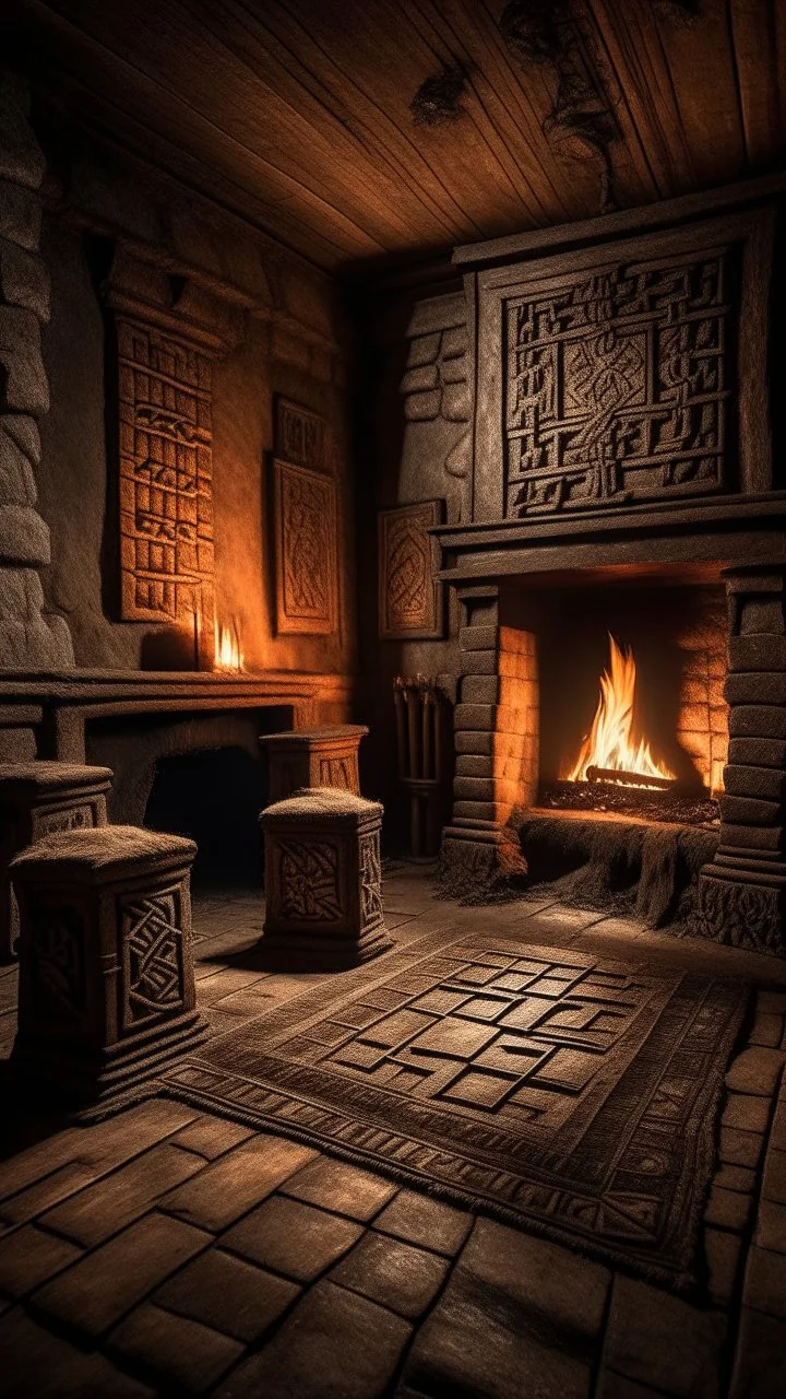 Create an image of old house with a fireplace with strange runes in side a temple with dim light of fire torch on the wall in the background
