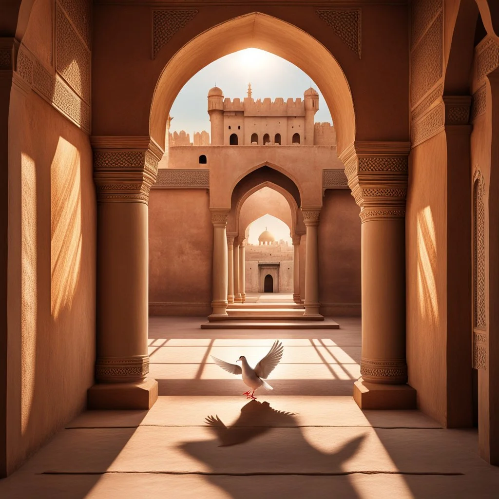 Hyper Realistic Photographic-View Of Dove Sitting On The Traditionally-Crafted-Surface-of-the-Balcony inside Traditional Rajasthani Fort With with sunrays casting Dove's Shadow Traditional-Brown-Pillars & Traditional-Hallway showing dramatic & cinematic ambiance.