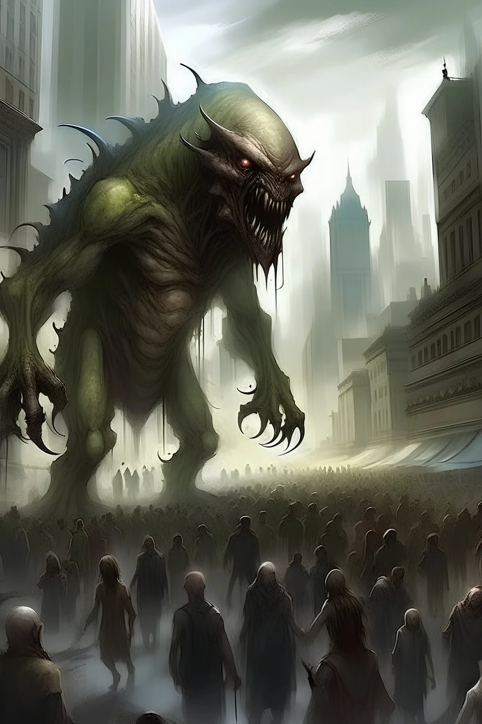 a fantasy creature attaking on a crowded city, ((fear)), ((terror))