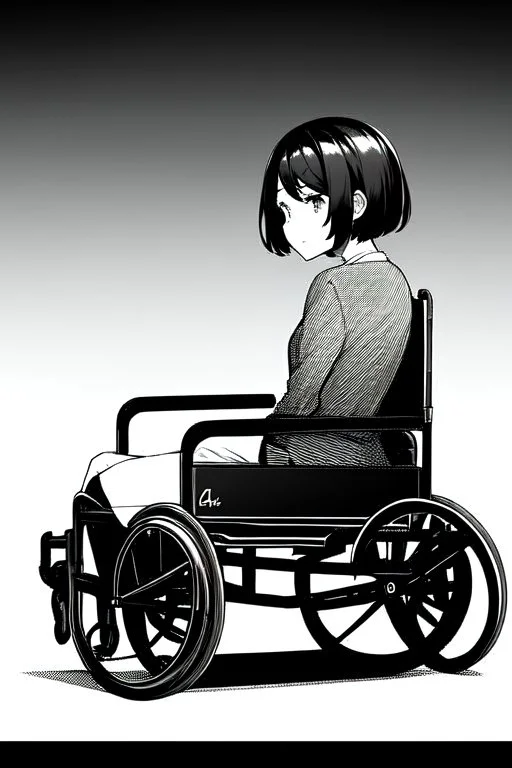 short hair girl passed out in a wheelchair, greyscale