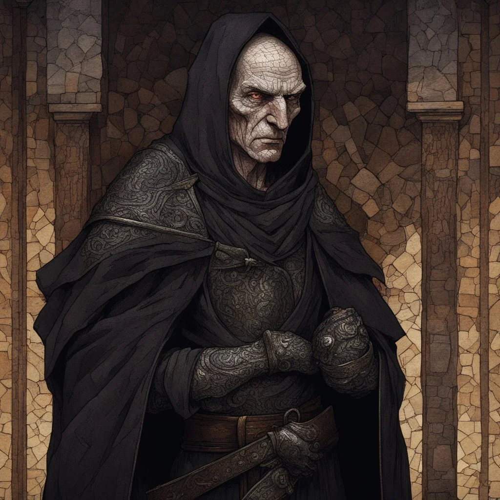 Dnd, fantasy, portrait, only face, archimage, medieval mosaic, ruthless, violent, old, black robe, very slim,