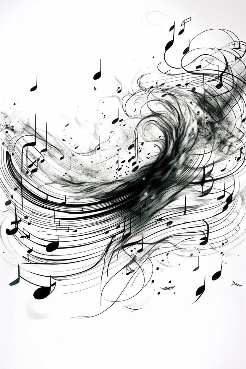 A realistic drawing in negative space black ink on white background of a musical notes and twisted notes 3D with abstract brushstrokes to enhance sheets music pages max enrist