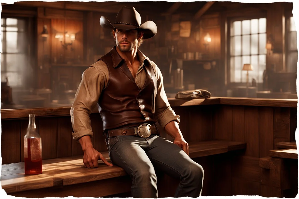 Young rough and rugged muscular cowboy photorealistic in a saloon