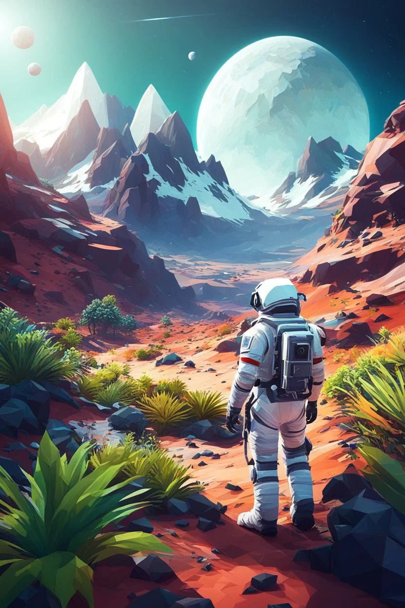 (((close midshot))), (((low poly art:2))), (astronaut), ultra-detailed illustration of an environment on a dangerous:1.2 exotic planet with plants and wild (animals:1.5), (vast open world), astroneer inspired, highest quality, no lines, no outlines candid photography. by Lekrot