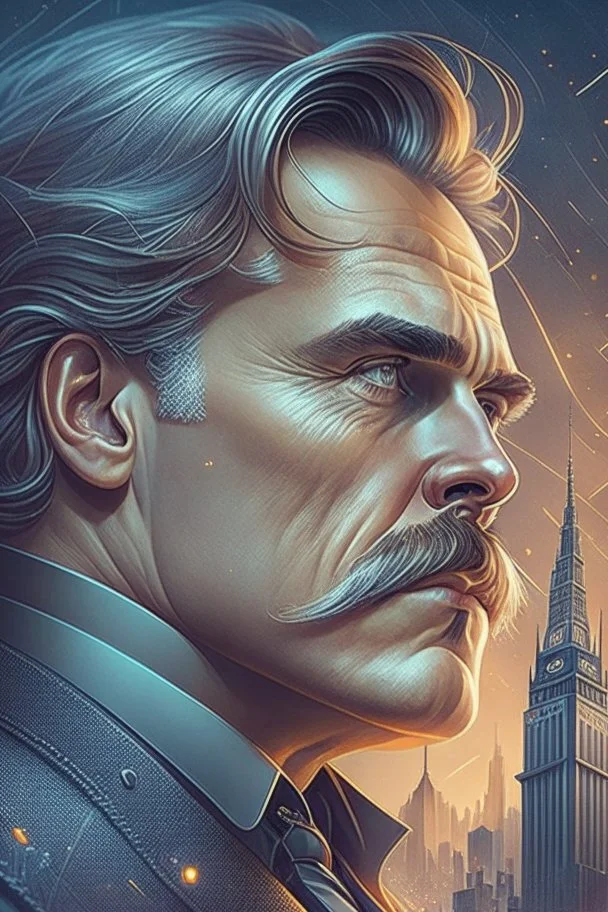 Best quality, masterpiece, ultra high definition,Futuristic, cyberpunk, Friedrich Nietzsche,Comic style