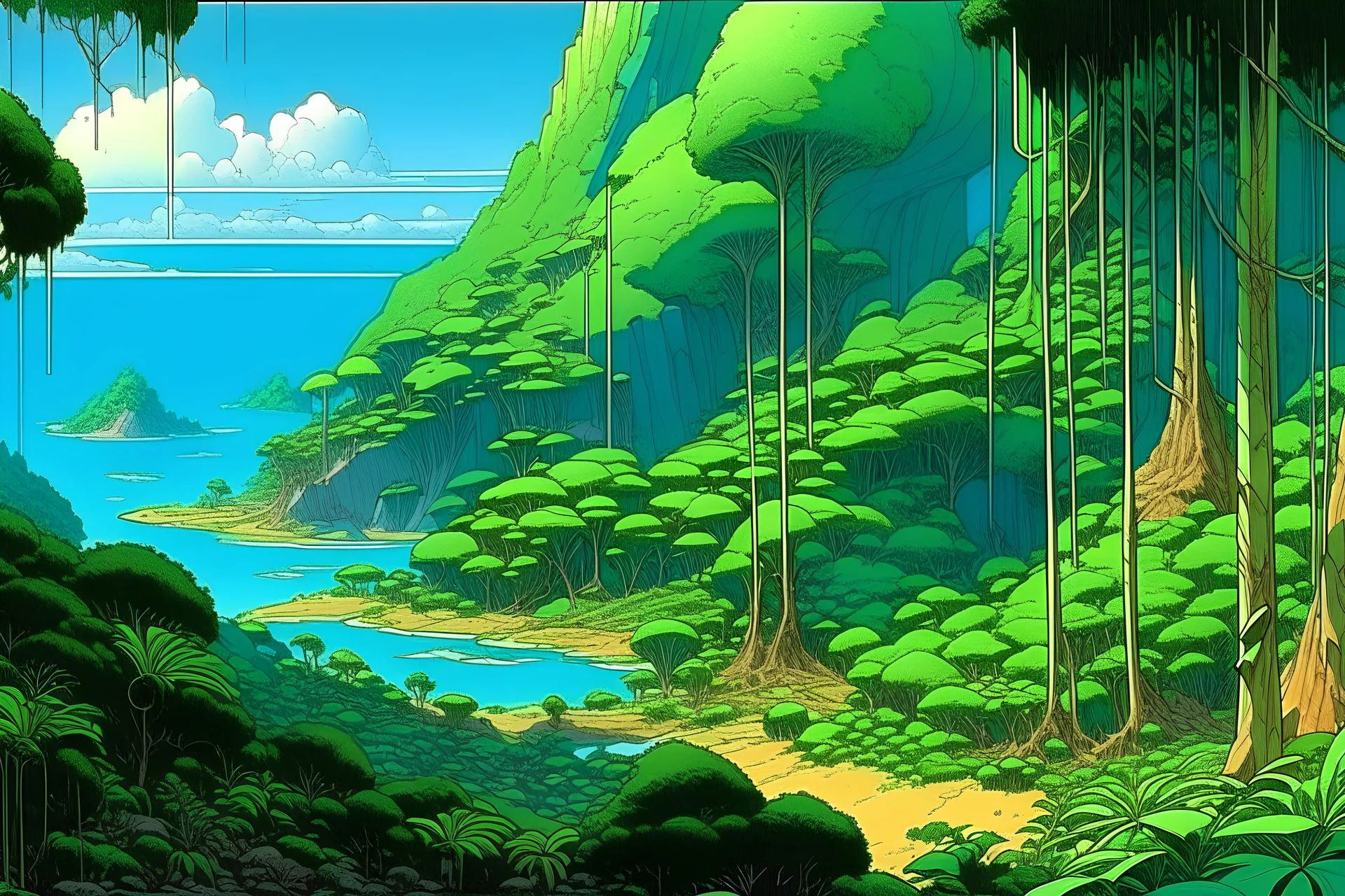 lush dense jungle, orizon point view by moebius