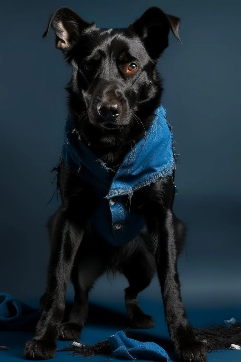 Evil, vicious black dog in blue torn pants