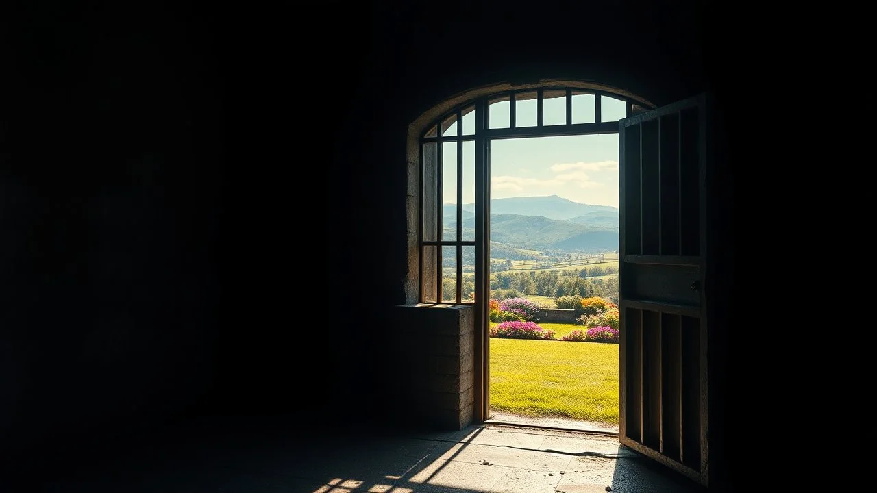 Inside a dark dismal cold prison cell with bars at the window, looking out through an open heavy cell door into freedom, with colourful gardens and distant hills in bright warm sunshine. Exquisite composition, beautiful detailed intricate detailed octane render, 8k artistic photography, photorealistic, perfect light, chiaroscuro, award-winning photograph, masterpiece