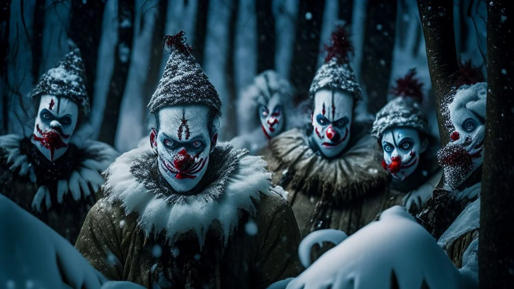 In a mesmerizing combination of brilliant and fading shades, photorealistic,a high-quality,ultra photo-realistic realism image, a group of badly dressed and poor looking ugly clowns, hyper realistic, 35mm, F1.8, heavy snow flakes, IPA photograph of the year winner, in a forrest, intricate detail, Sharp focus, in the light of a scary full moony, reflections on large puddles, super sharp,