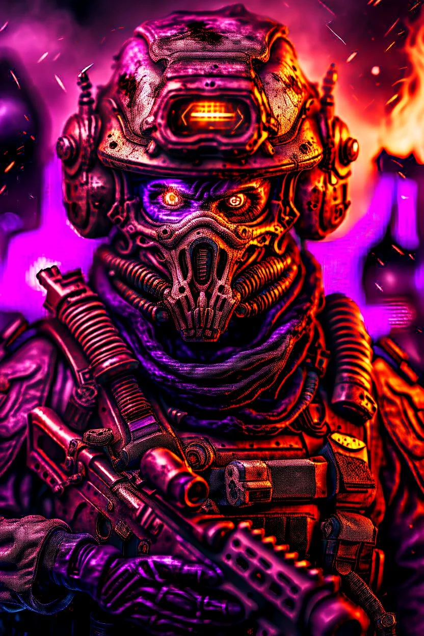 an epic 12k,ultra high definition , digital photo of a scary looking alien, purple colored alien, angy and rising from the ashes, a war veteran, army beret , captain rank, ripped and torn ammo clothing, chaotic fiery and dust background, dramatic close-up action shot of him behind the machine hand gun on the burned out war tanker,gothic and sinister