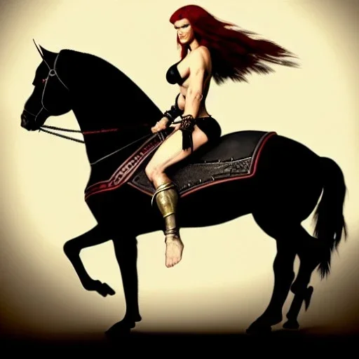 ultra detailed portrait of beautiful Red Sonja Riding a Black Horse and wearing a bikini plate armor, extremely detailed digital painting, in the style of Ken Kelly and A.J. Manzanedo and FRANK FRAZETTA and Simon Bisley and Ashley wood and Alex Horley, mystical colors, rim light, beautiful lighting, 8 k, stunning scene, raytracing