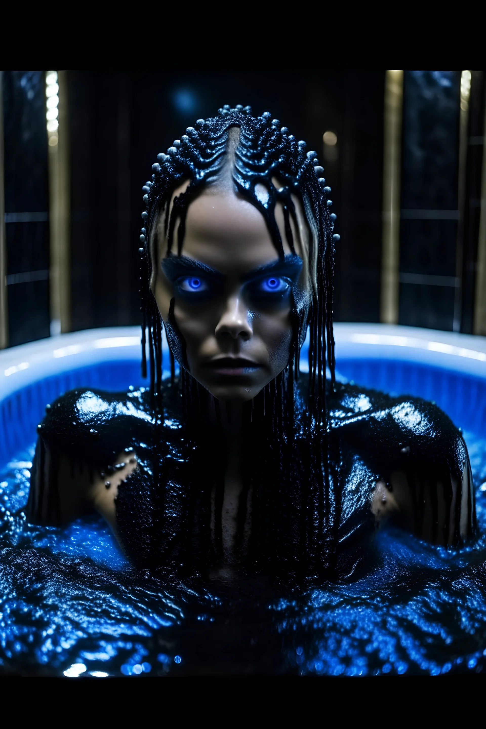 Cara delevingne dressed as fallen angel demon,bathing in black water,black horns,