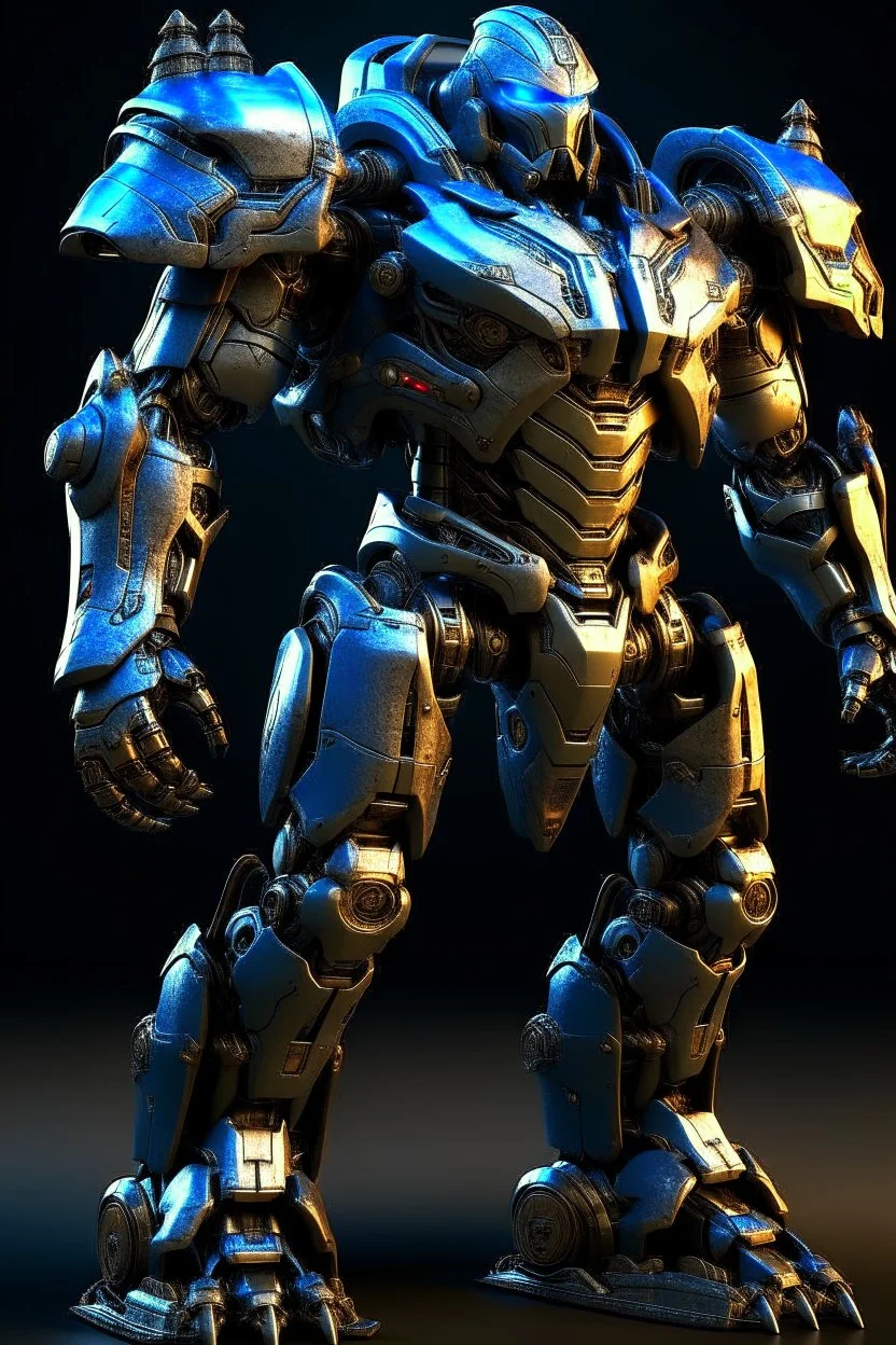 Ironclad stands at an imposing 8 feet tall and is heavily armored with a combination of sleek metallic plating and blue energy accents. Its body is adorned with a polished, reflective surface, giving it a distinct and imposing presence on the battlefield. His waist is snatched. His design is inspired by Nullsector from Overwatch