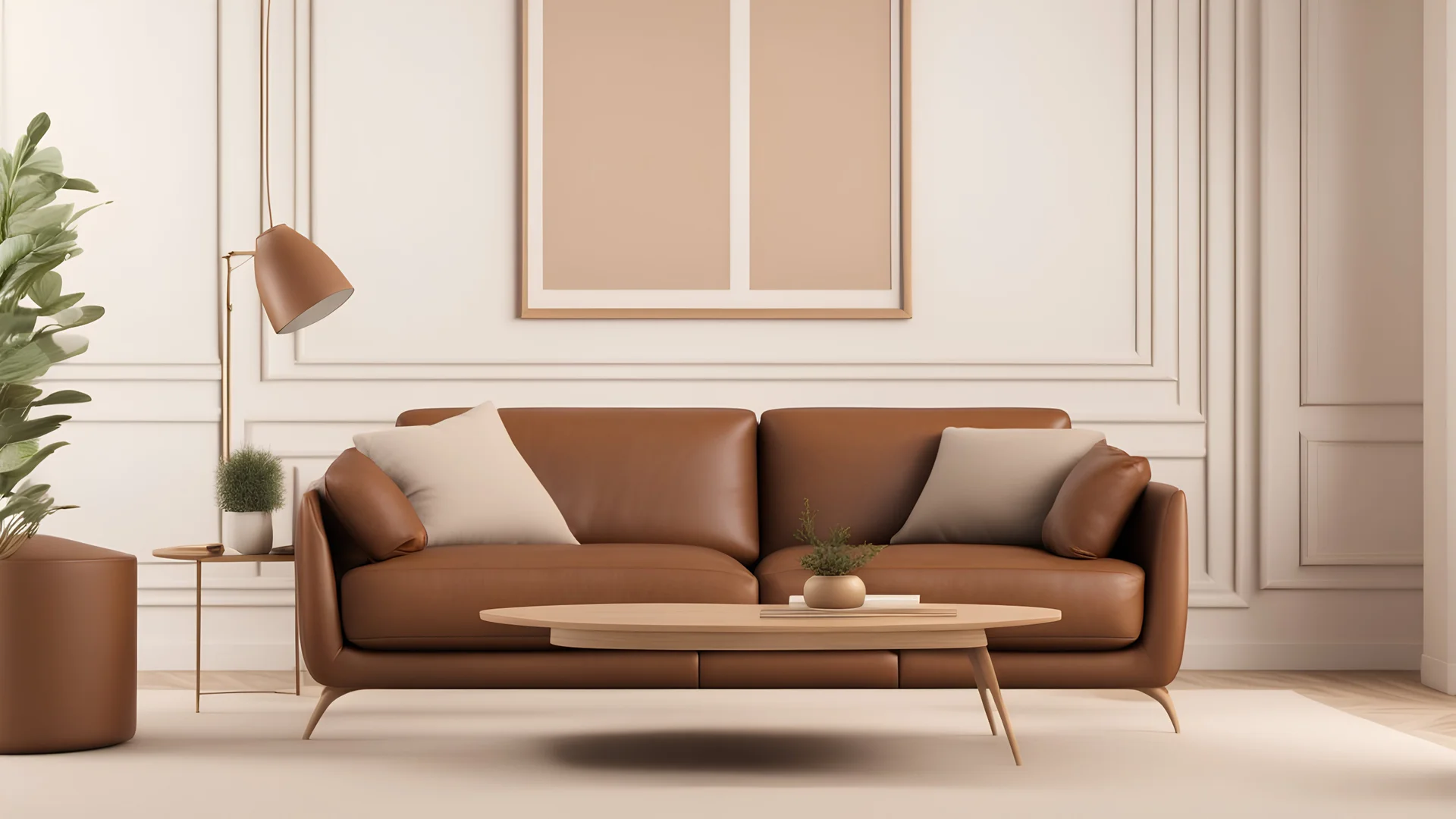 Home interior mock-up with brown leather sofa, table and decor in living room, 3d render