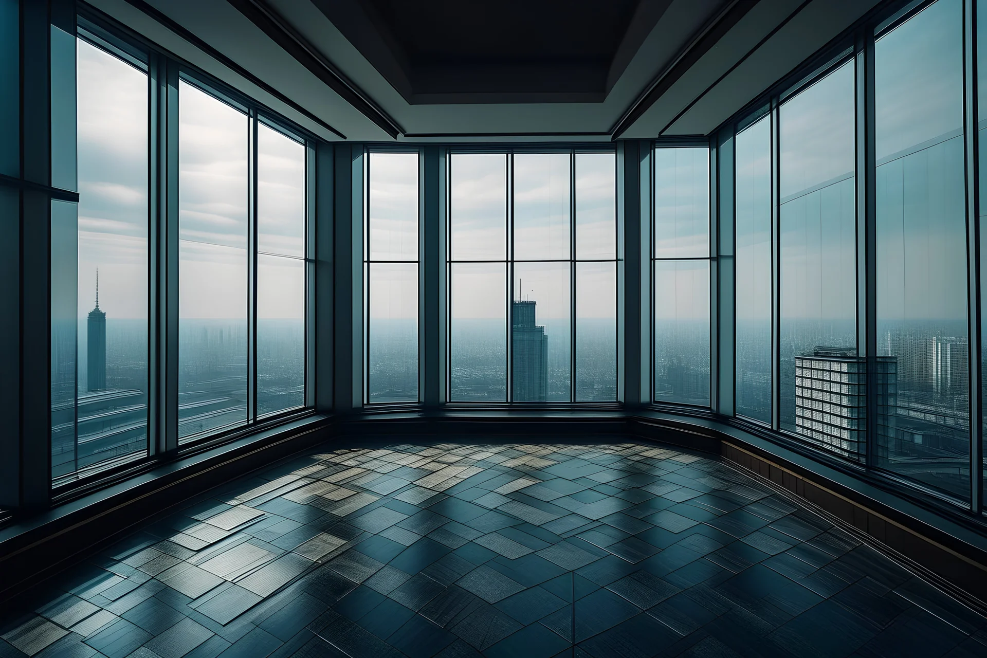 large room on the top floor of the building, with large windows through which you can see the city's skyscrapers. diaphanous, only with columbas holding up the roof