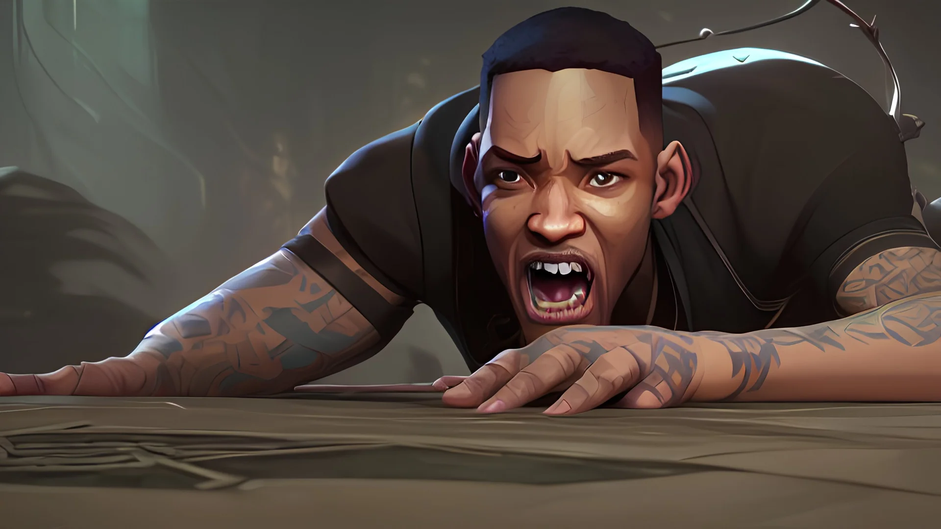 will smith crawling on all fours like a horror monster with his head turned 180 degrees around, crawling in a sewer in a dungeons and dragons fantasy world