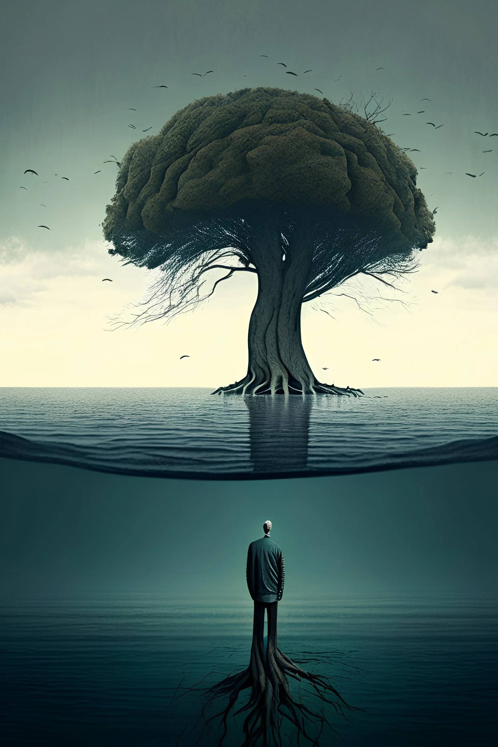 a tree and sad man in the middle of sea