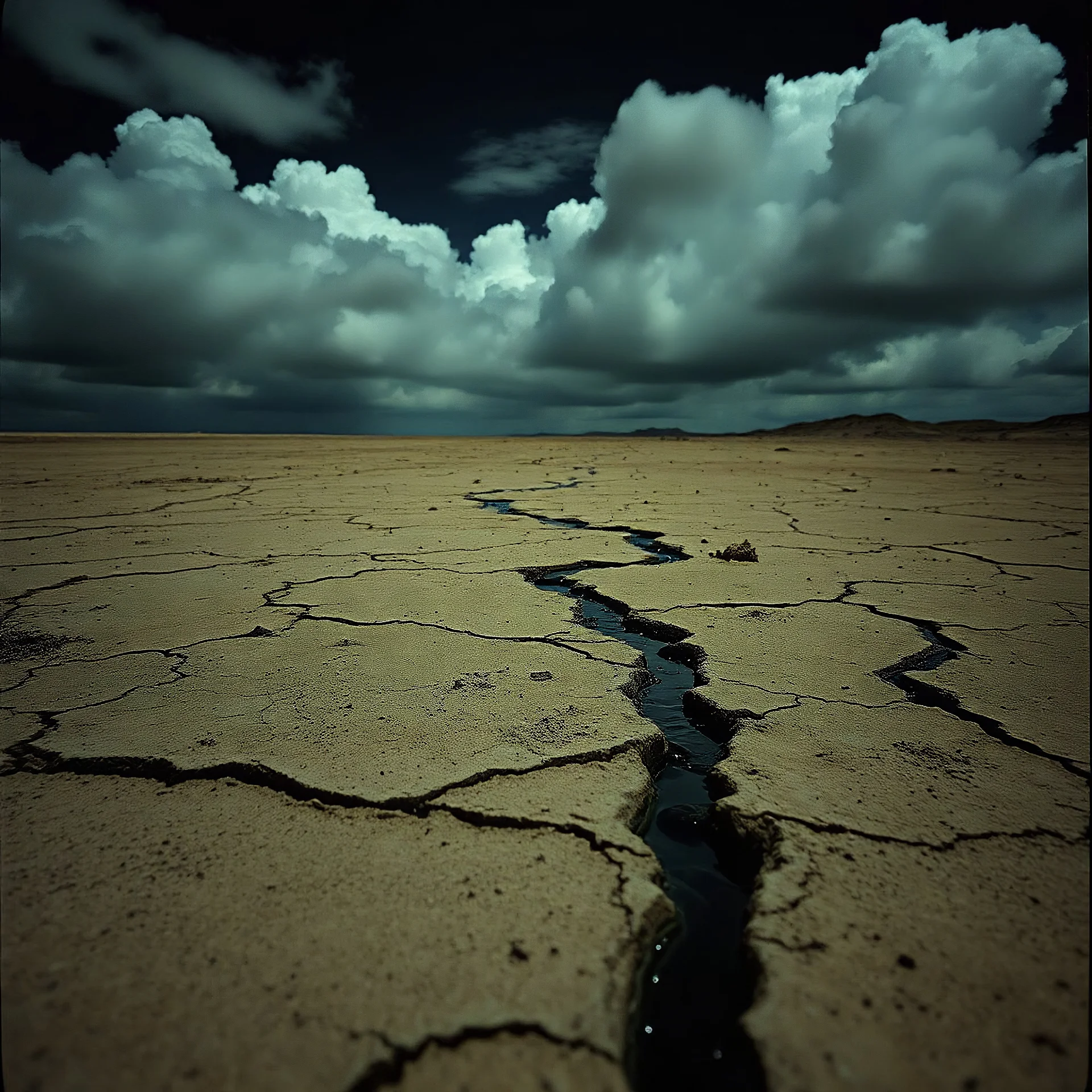 Photograph, an arid surface, night, nothingness, spooky, clouds, close-up, in Yves Tanguy style, nightmare, highly hypermaximalist, details of the terrain very accentuated, 8k, deep 3d field, sharp, eerily mysterious, artistic photo, large format film, shot on Hasselblad, 33mm photography, mysterious, dark, rotten, macabre, streams of black liquid