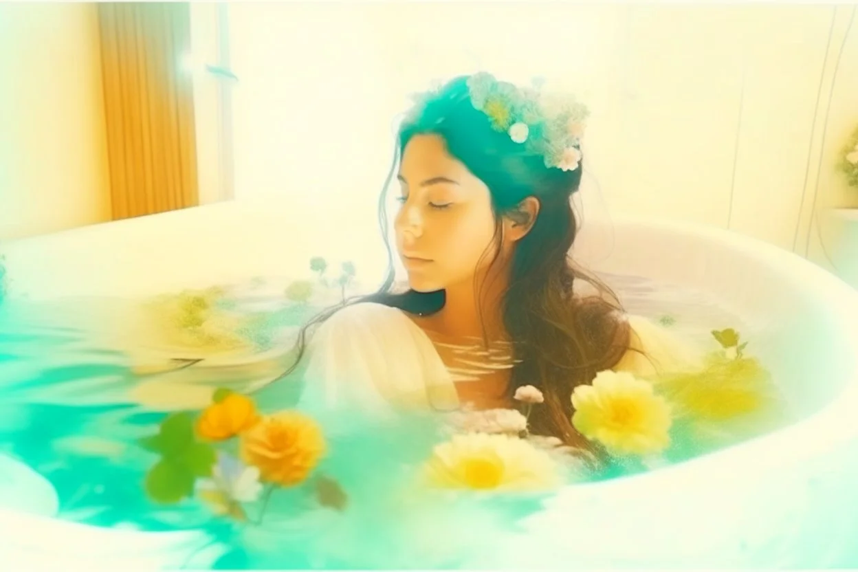 double exposure contented beautiful brunette in a big foam spa bathtube spa things, greenery and flovers, candles, plush towels, soft colors, in sunshine merged layers waterfall heart and love: burlap battery corrosion golden patina watercolor and glittering ink