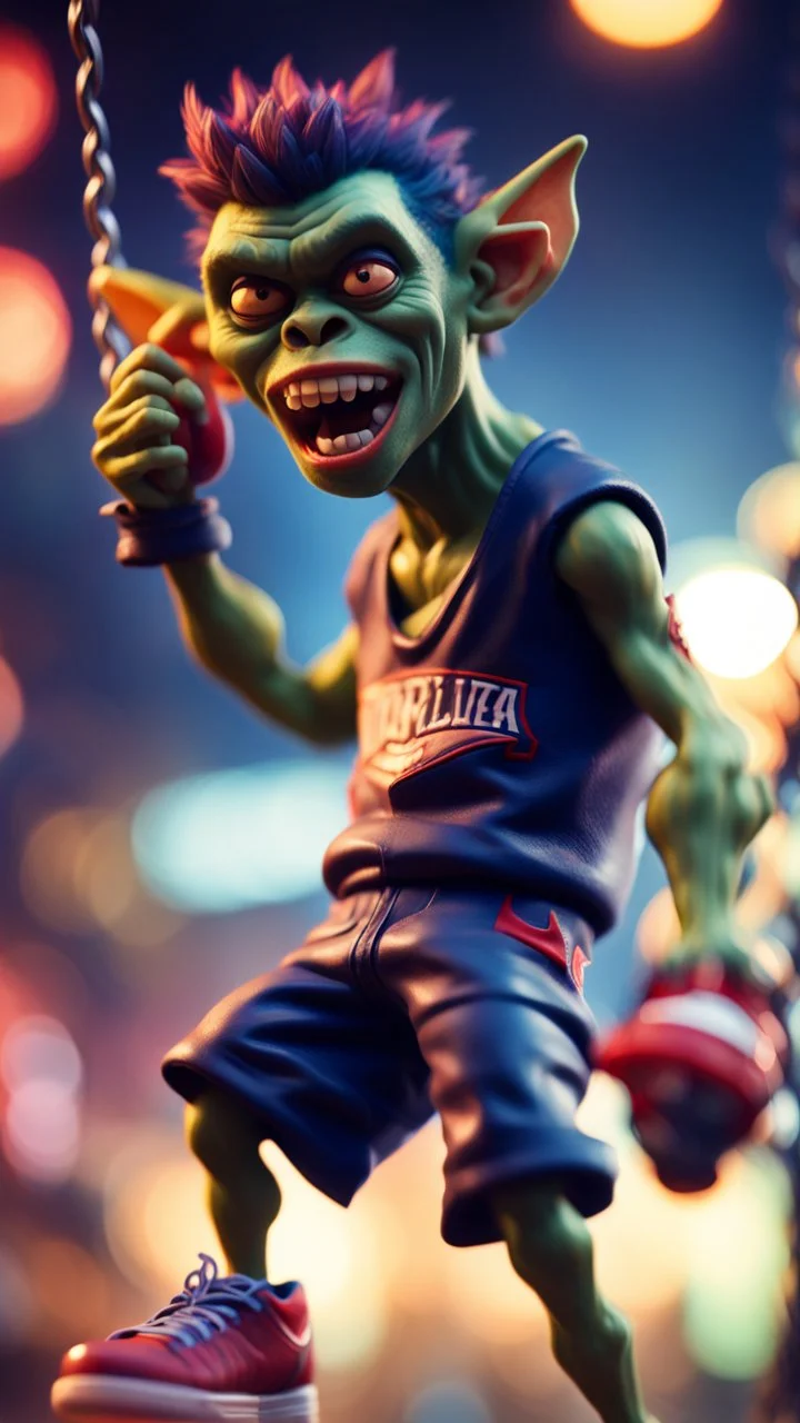 full figure portrait of a giant dunking player vampire goblin gremlin hanging , in the style of Gorillaz,bokeh like f/0.8, tilt-shift lens 8k, high detail, smooth render, down-light, unreal engine, prize winning