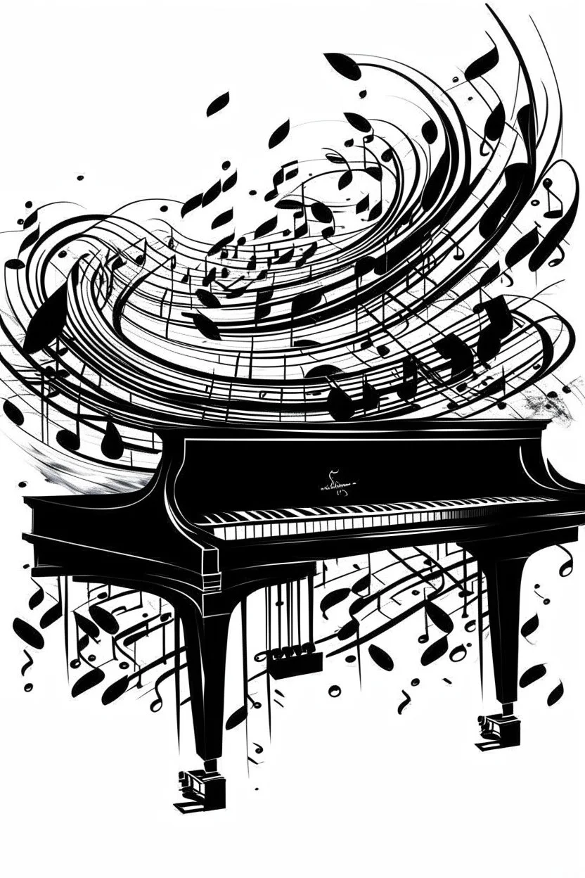 A realistic drawing in negative space black ink on white background of a musical notes and twisted piano keyboard with abstract brushstrokes to enhance sheets music pages max enrist