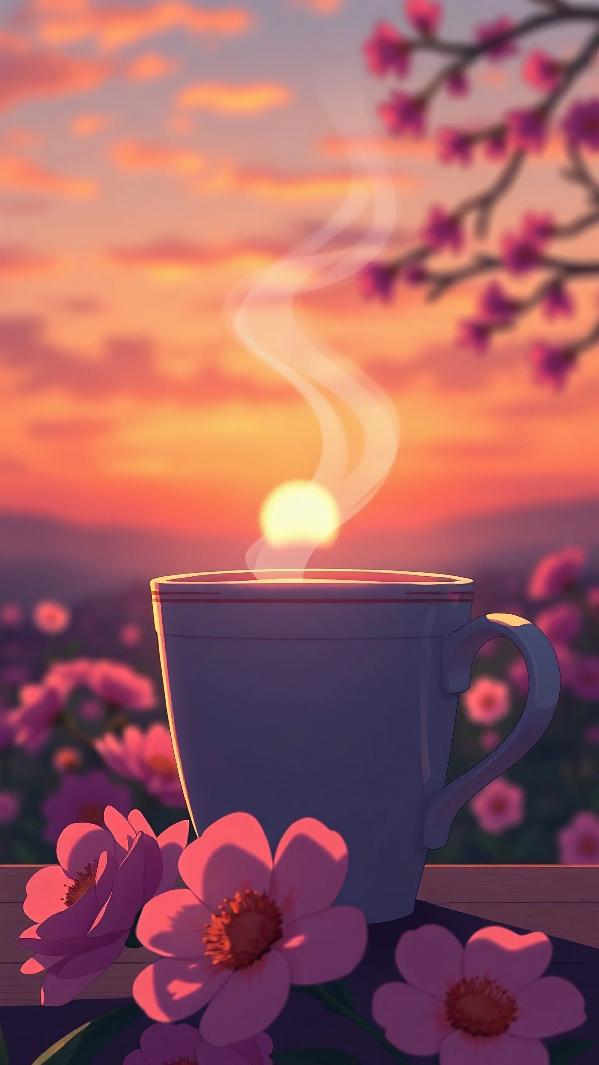 anime style, closup of a coffee cup , steaming, sunrise behind it, flowers