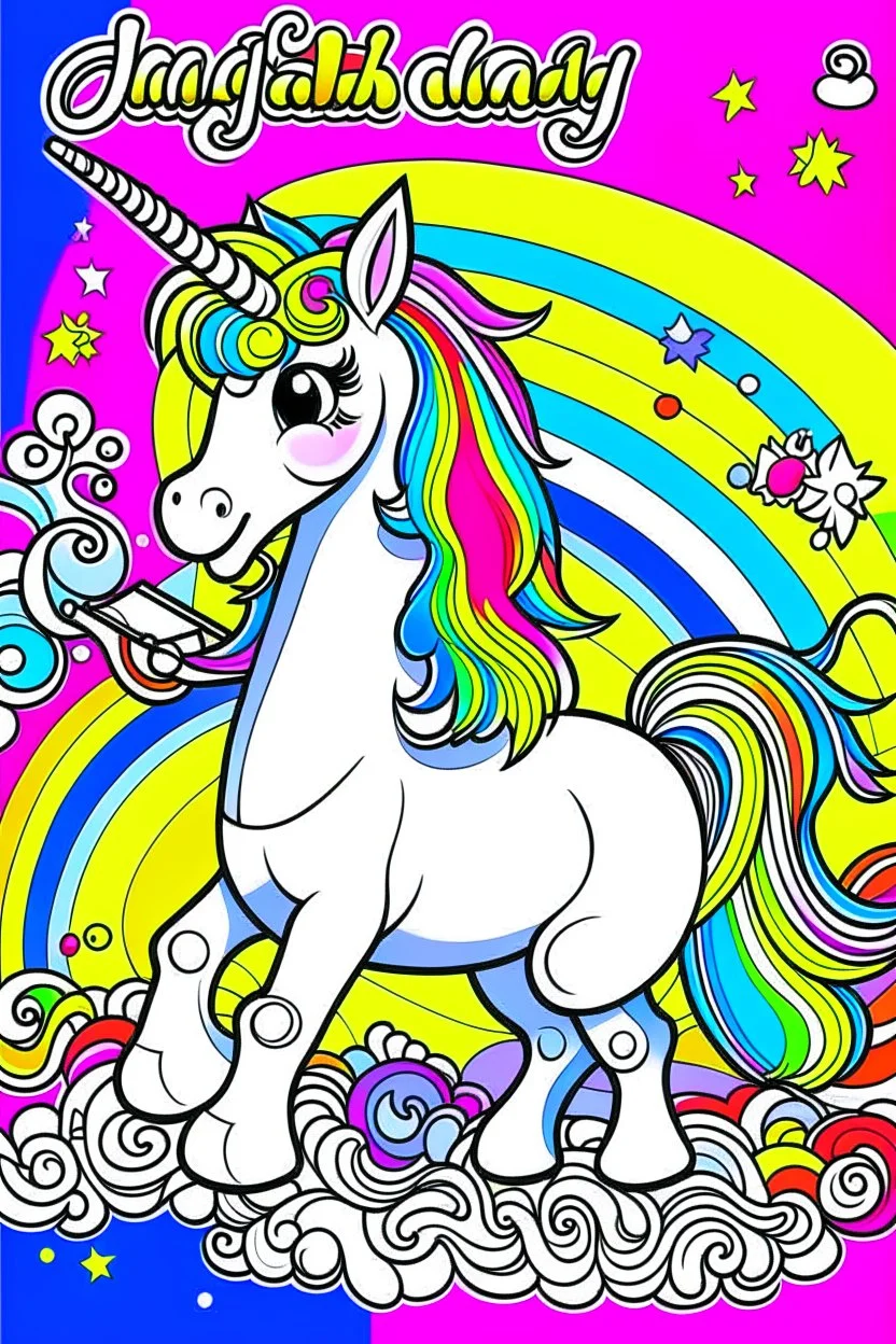 kids illustration, an unicorn image, cartoon style, thick line, low details, vivid color