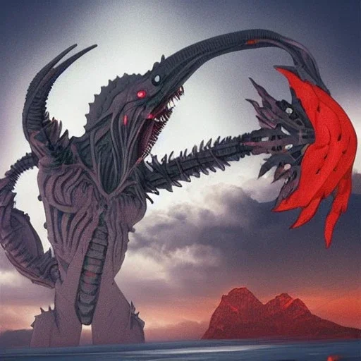 hybrid of Mass Production Evangelion and Godzilla and xenomorph