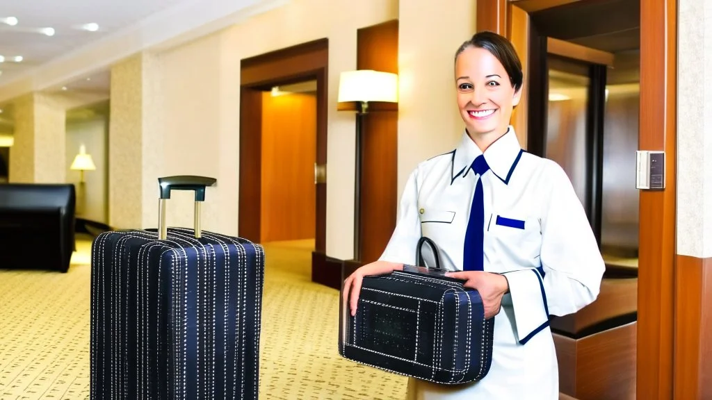 at hotel front desk representative holding suitcase behind back