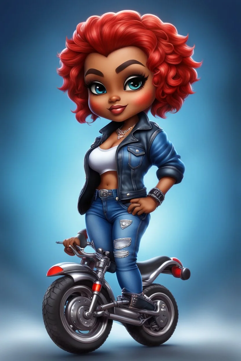 create an airbrush illustration of a chibi cartoon voluptuous black female wearing a blue jean outfit with biker boots. Prominent make up with hazel eyes. Extremely highly detail of a very low red pixie haircut. Background of a bike show.