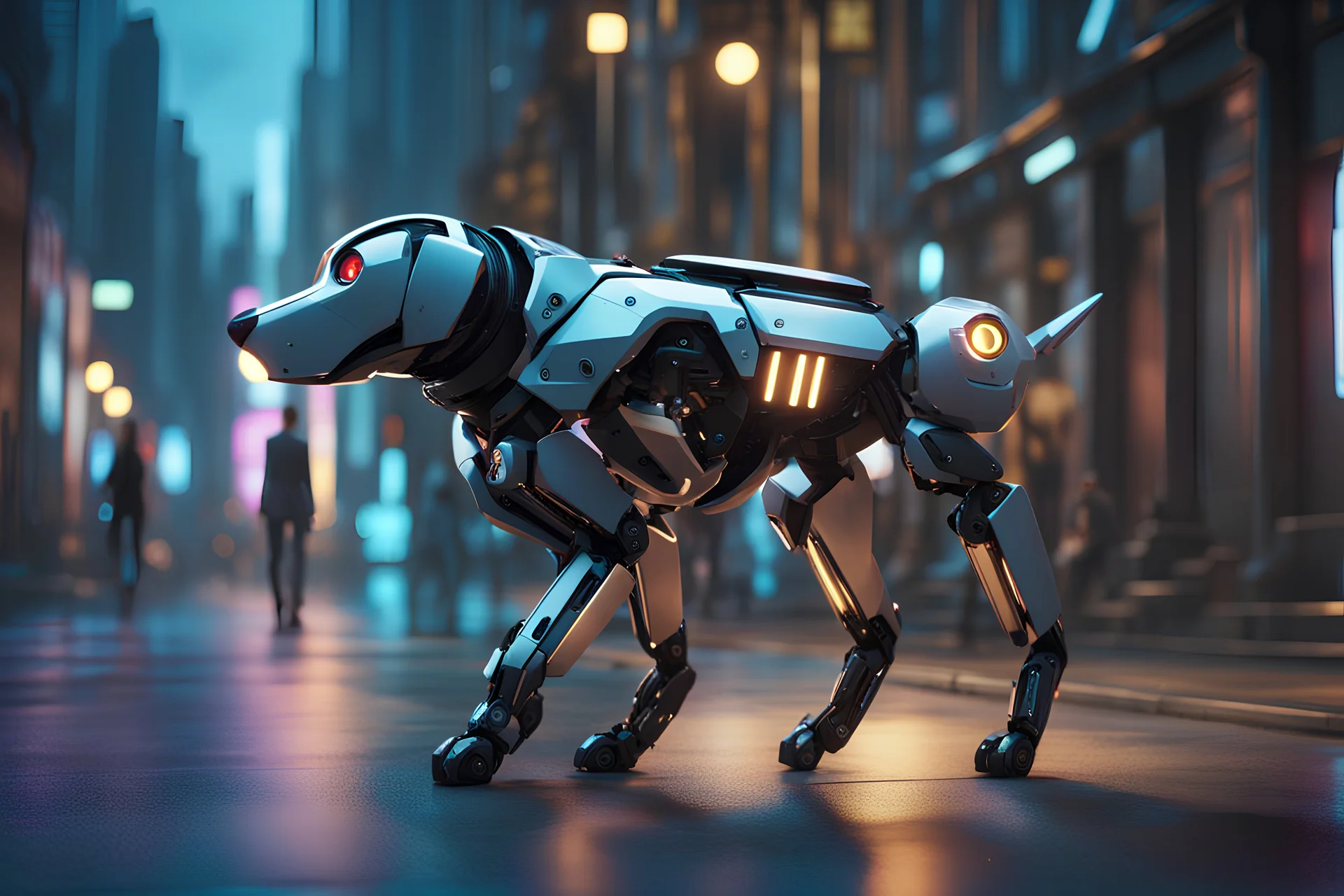 A full-length, experimental, prototype, friendly robotic dog walking down a futuristic city street, at night. 8k ultra detail, art styles of Mihailo and Pascal Blanché, sci-fi, futuristic background, Vibrant, eye-catching, intricate details, elaborate, 32k Portrait photography, UHD