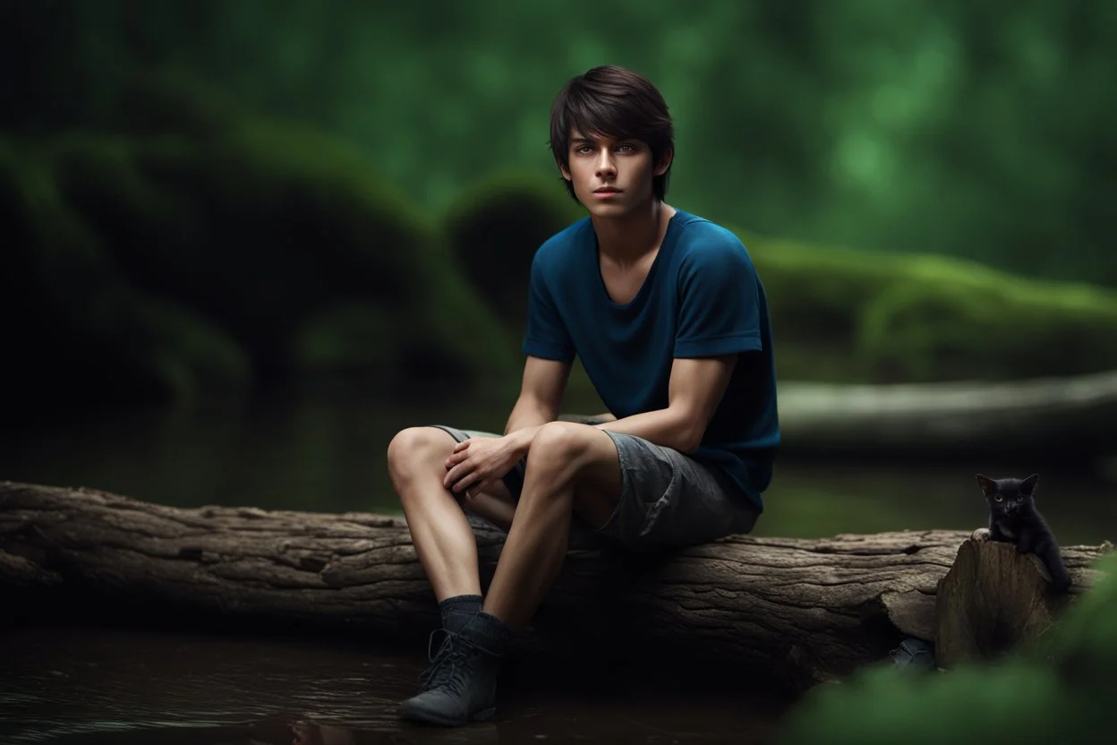 17 year old male with short dark hair and blue eyes sitting on a log , photorealistic, 4k, dark fantasy