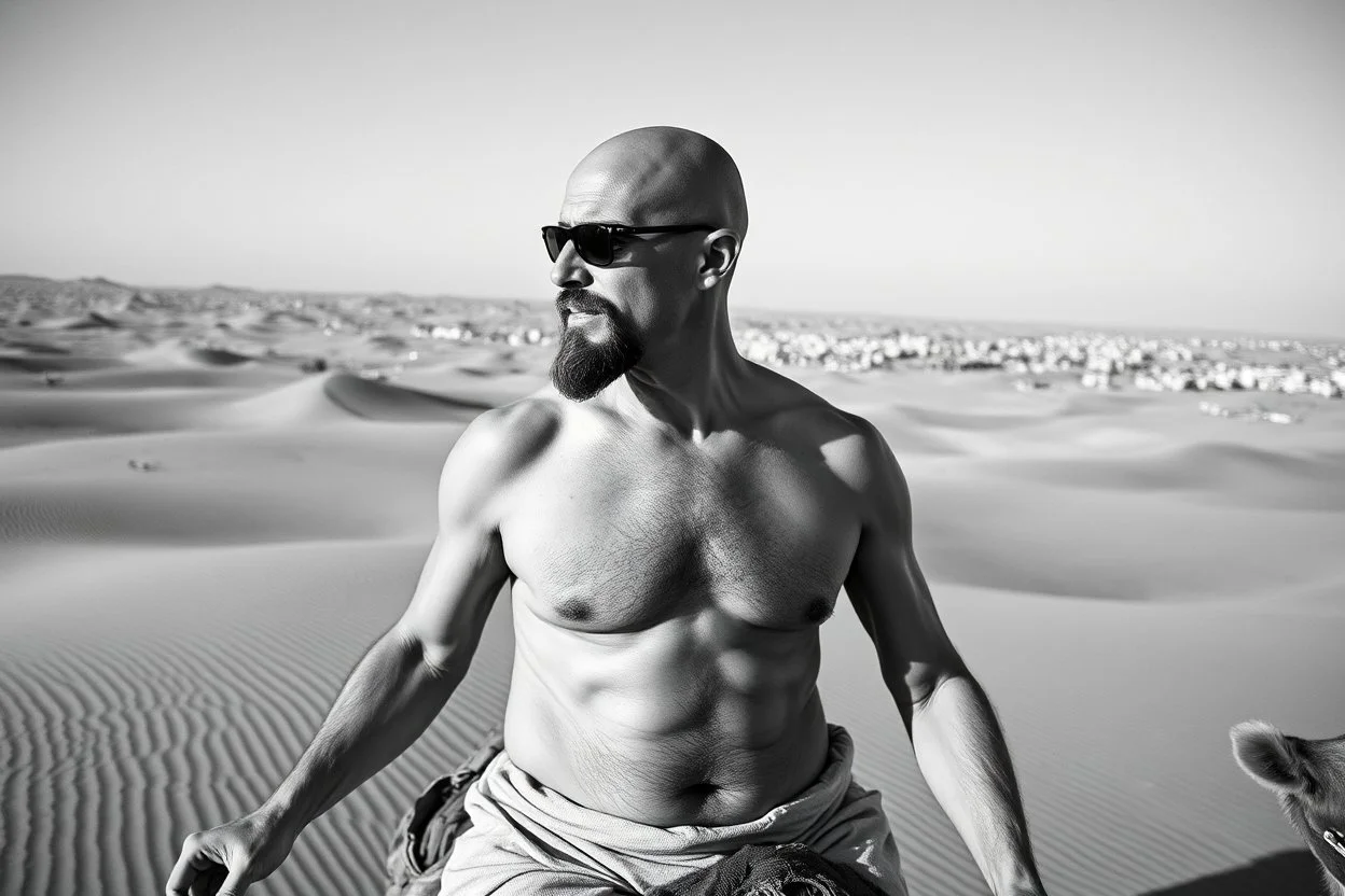 man looking like "Walter White" in breaking bad tv show, bald and goatee, with bare chest riding on a camel in sahara in desert, panorama, black and white photo, staring at a small town in horizon