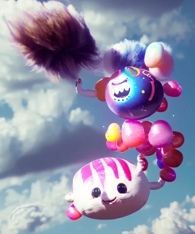 Ultra realistic speed clouds sky scene, wide angle view, sweet childs falling down, inflatable color clothing, free jumping flying, many trinkets, monster head, hair monster, many jelly beans, balls, smile, happy, circus style, extreme, wind, clouds sea, 20,000 feet altitude, stratosphere, soft color, highly detailed, unreal engine 5, ray tracing, RTX, lumen lighting, ultra detail, volumetric lighting, 3d, finely drawn, high definition, high resolution.