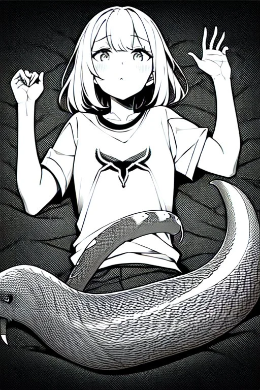 girl in T-shirt lying on the ground and covered with snakes, greyscale