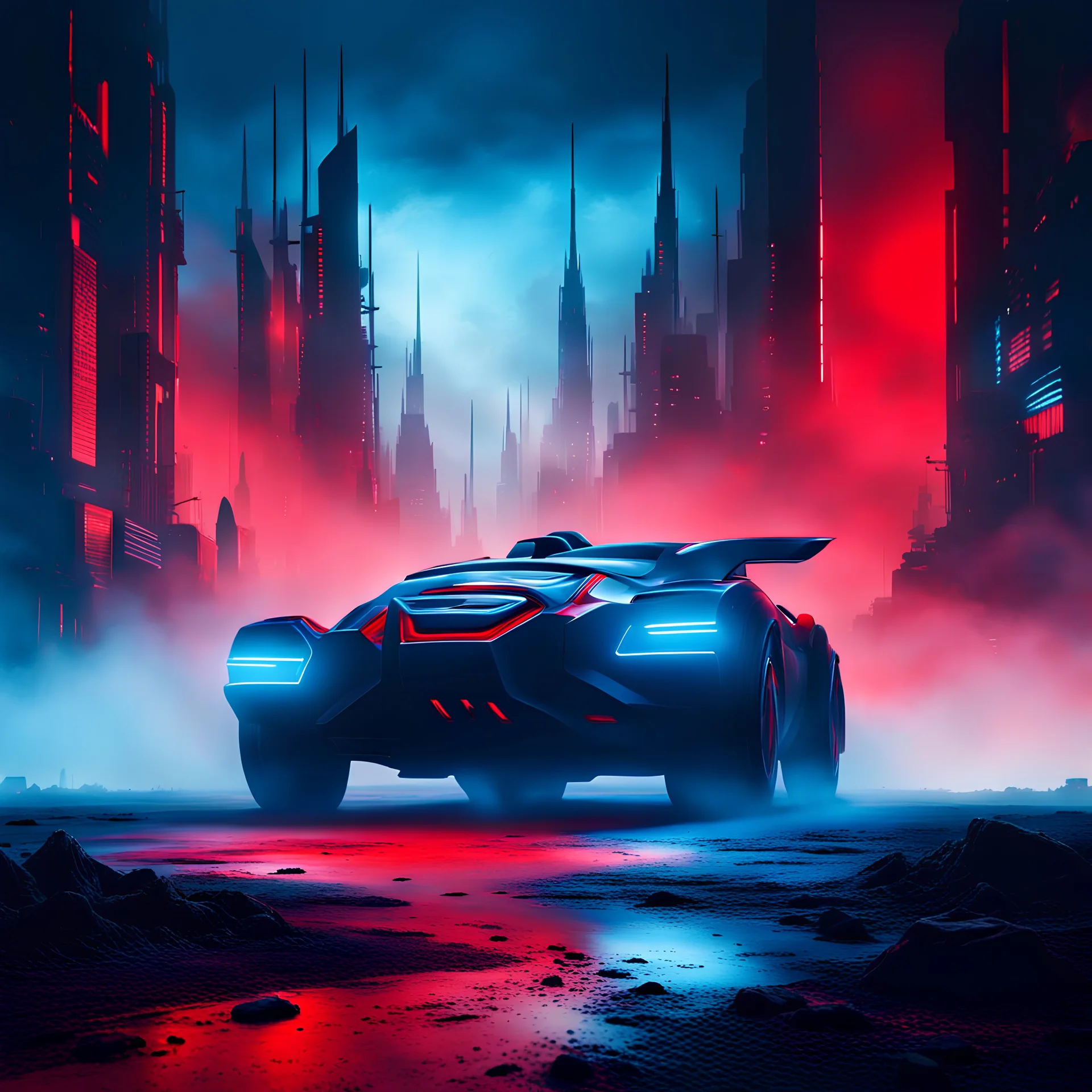 Ground level dark futuristic city scape. blue and red mist near the ground. silouhette of a man. futuristic space car in the foreground