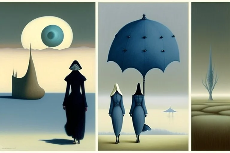 two women seen from behind walking side by side in an empty foggy plain, above there is blue sky by artist "Leonora Carrington",by artist "Christian Schloe",by artist "Kay Sage"