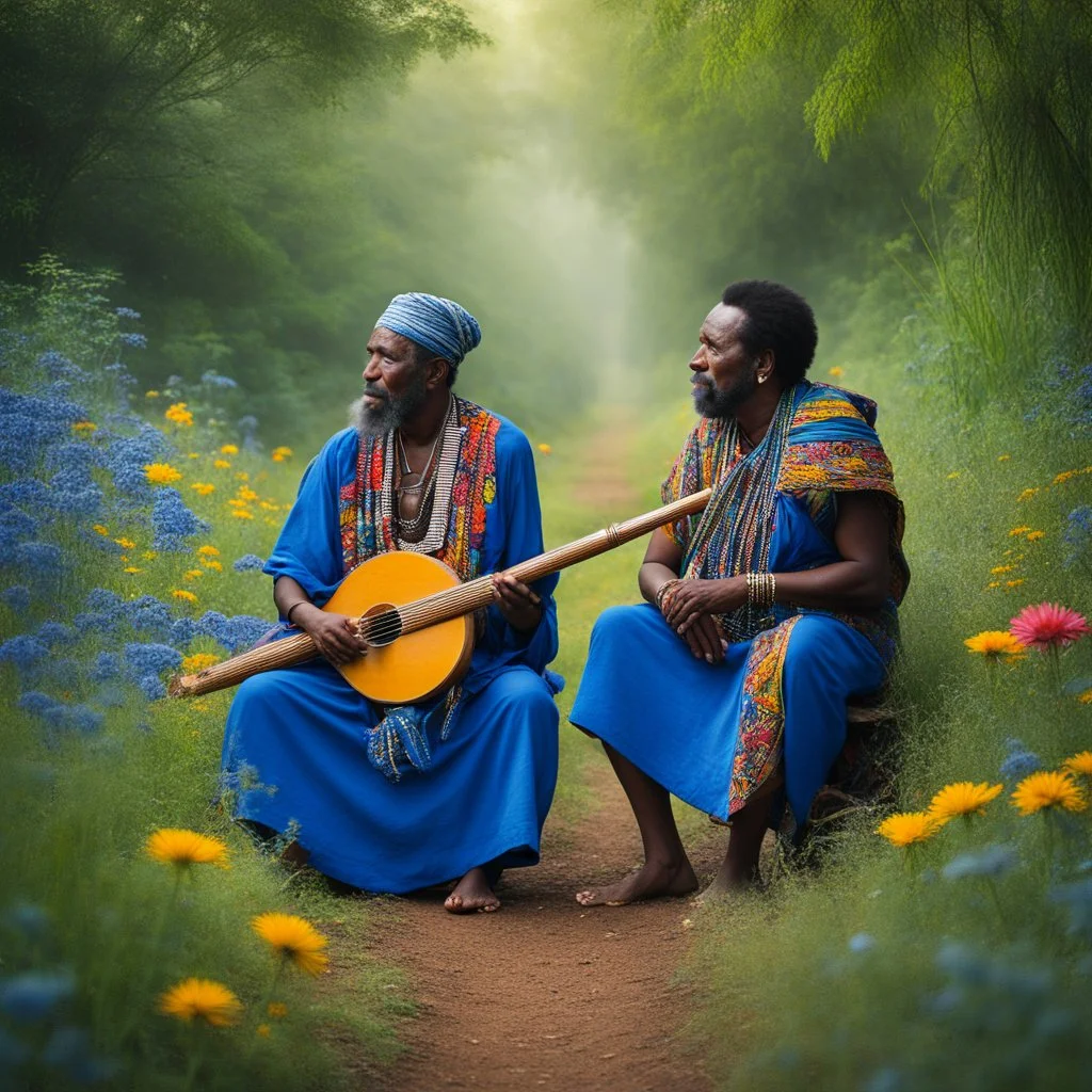 Lost amidst the primeval field of flowers in a myriad of blues, the two African tribal musicians, old and wise, found themselves enveloped by the lush foliage and fragrant herbs of their natural surroundings. With the haunting melody of their didgeridoo resonating through the air, the field sprang to life with a riot of colours, Each petal swayed in unison with the music, creating a symphony that intertwined seamlessly with the soulful notes of their didgeridoos, blending the ancient rhythms of