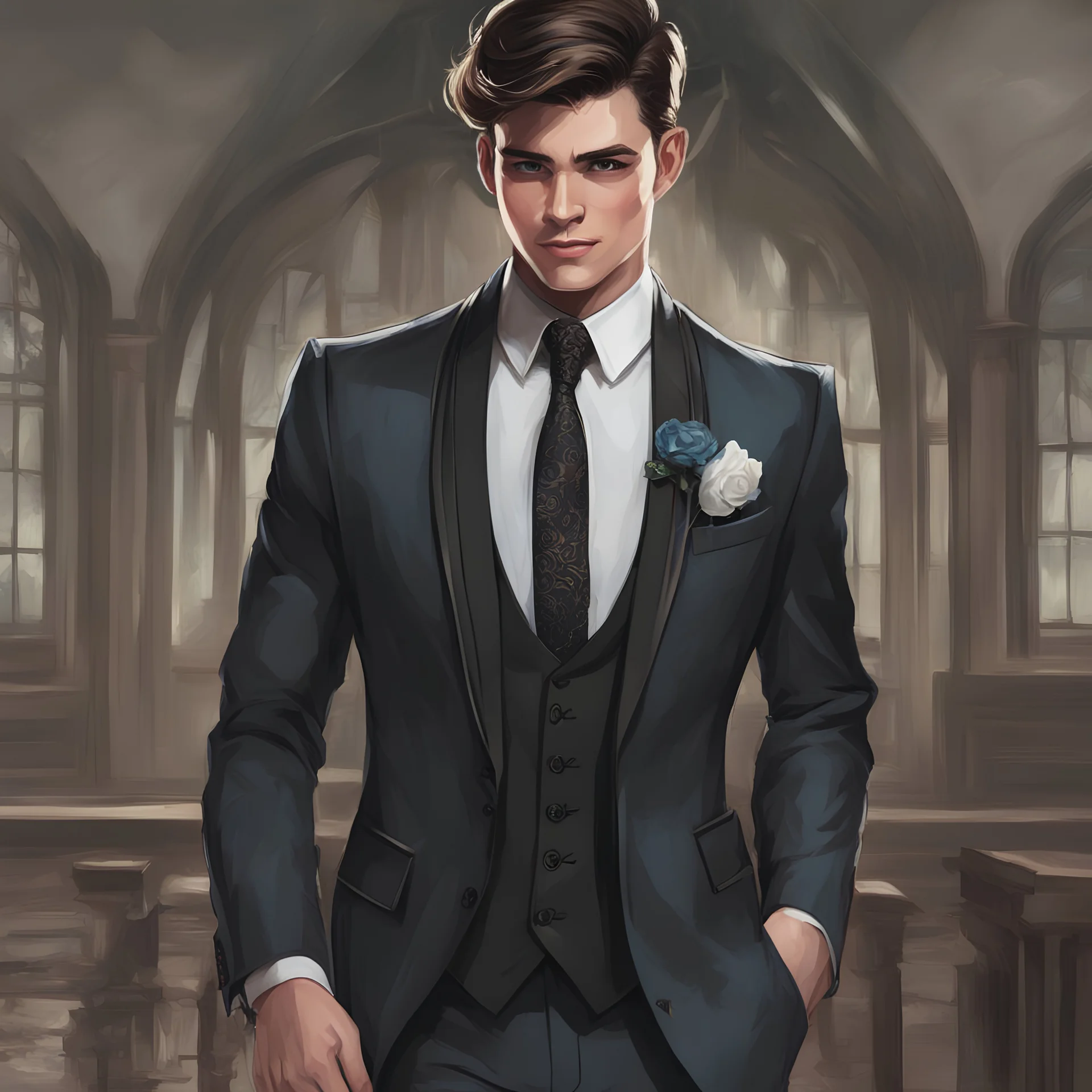 gentleman dashing teen going to prom portrait three piece suit, digital art, character art