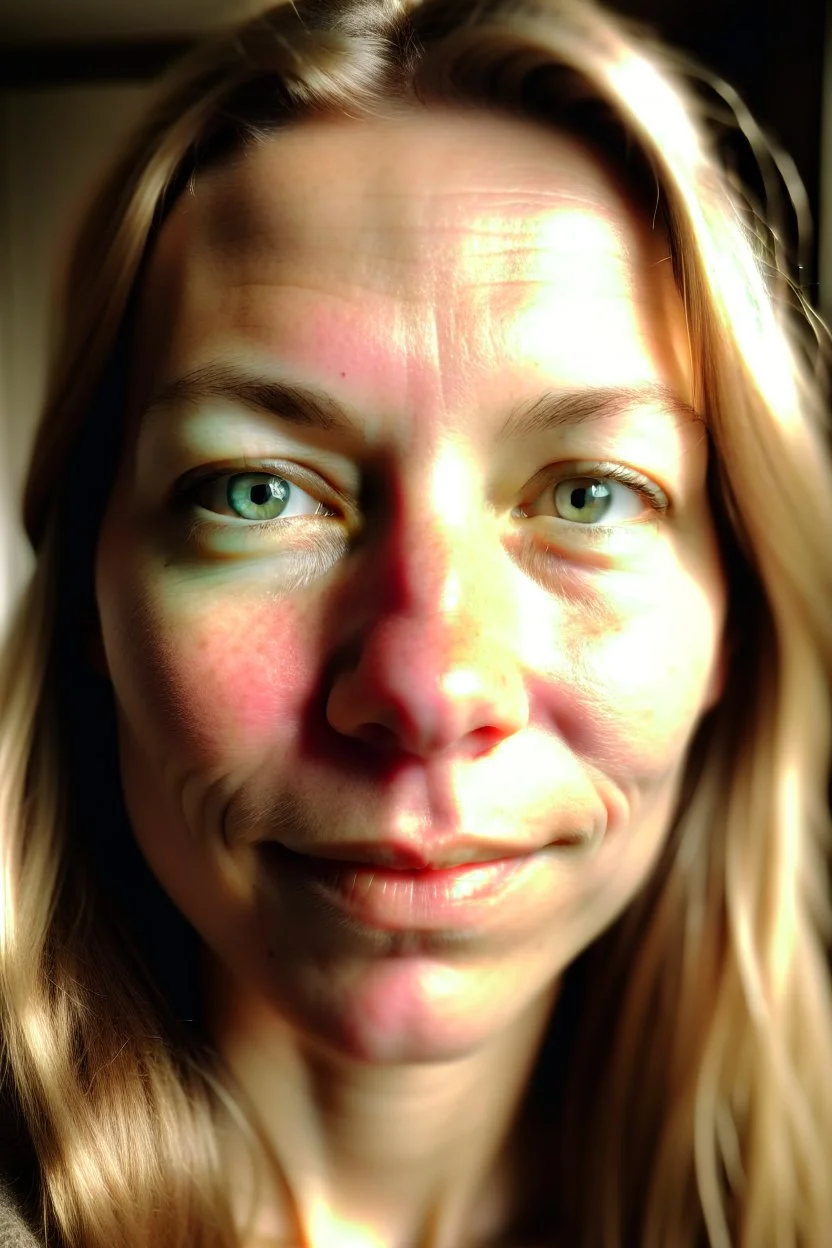 A selfie of a woman, middle blond hair, showing a 31-year-old European woman. She has brown hair, face without makeup, cute nose, detailed full lips, skin texture. Natural lighting and low contrast. Face framed.